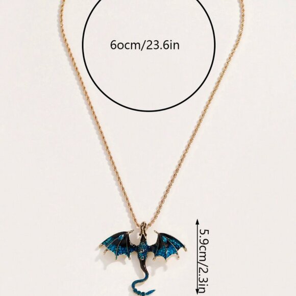 🐉 Blue or Green Enamel Dragon Necklace | 22" Goldtone Rope Chain 🐉 - Picture 3 of 3